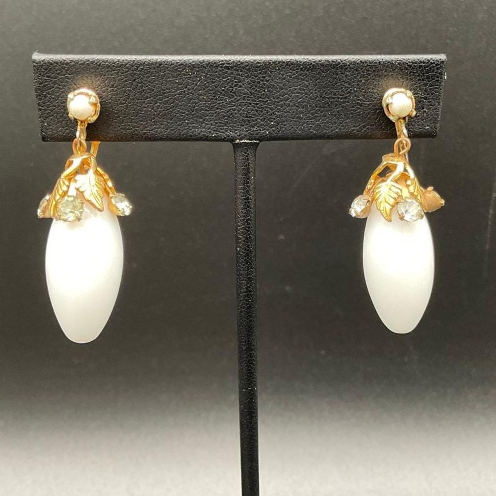 Vintage West German Milk Glass‎ Dangle Earrings White Teardrop with Rhinestones